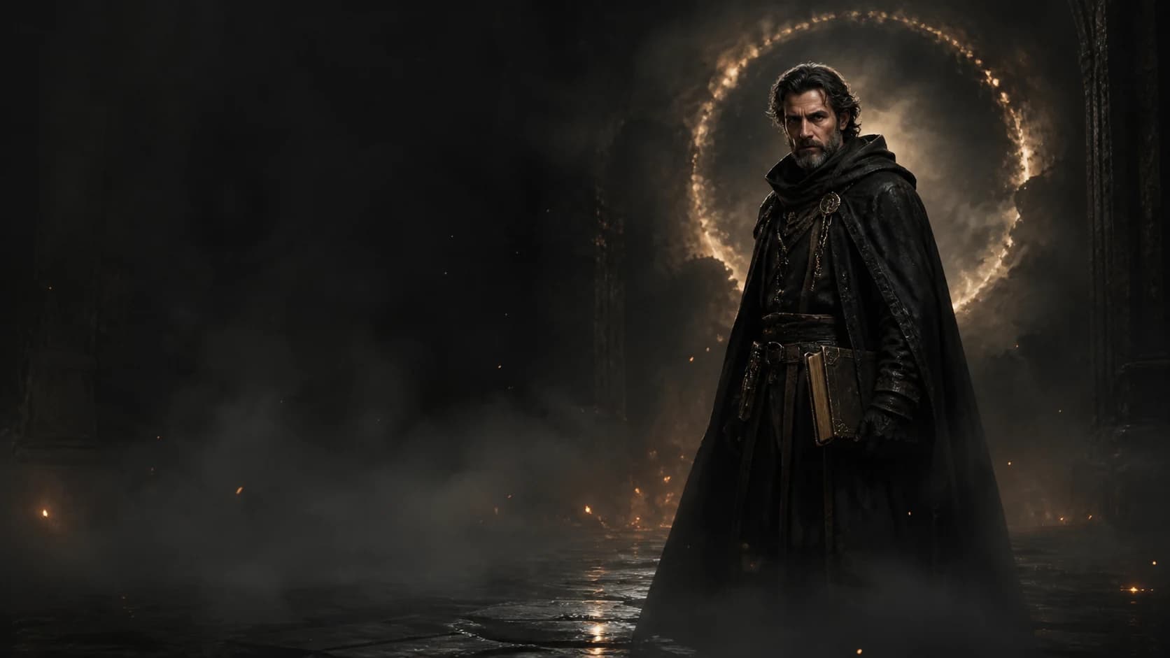 An original dark-fantasy campaign keeper framed by fog and an ember-lit ritual circle.